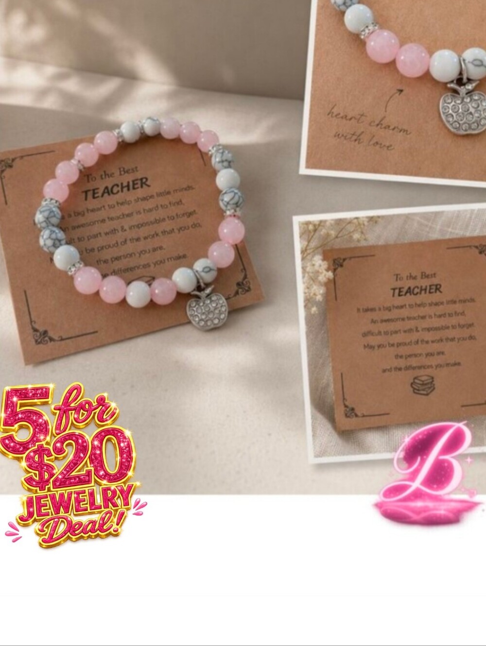 5/$20 Teacher Appreciation Bracelet Gift - Pink & White Beads NWT